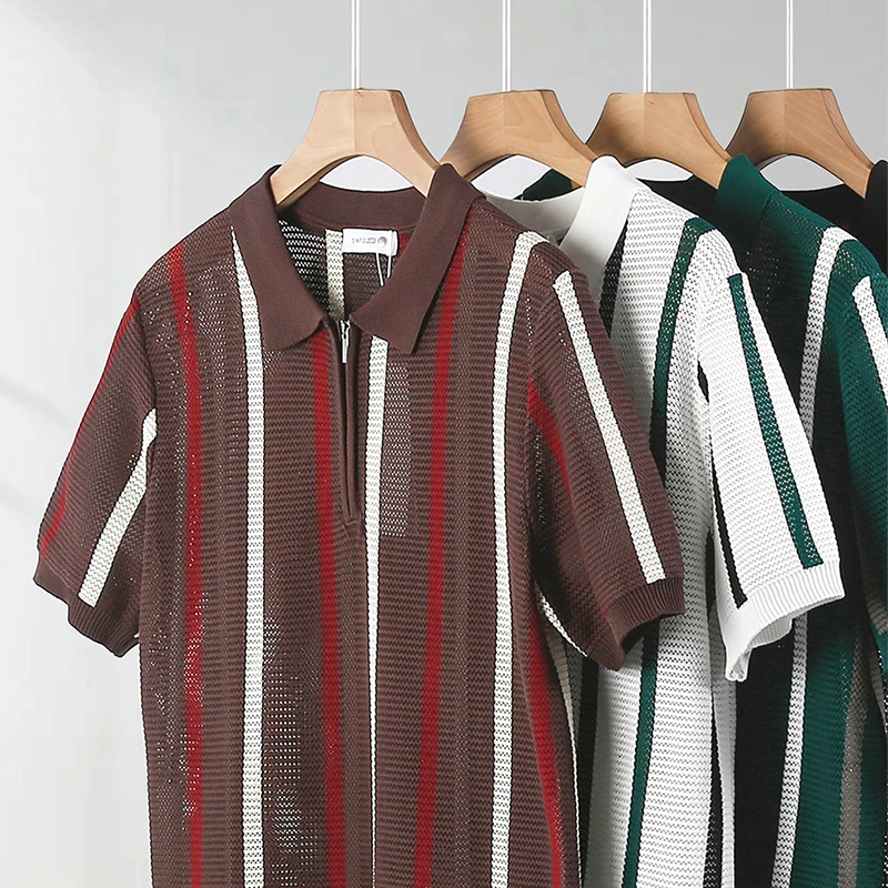 Stylish Mens Knitting Mesh Polo Shirts 2025 Summer Casual Hollow Out Knitted Polo Shirt Men Vintage Striped Lapel Zipper Polos 7 S8b828868462d4cf9ae3ebd84fd32f91fo