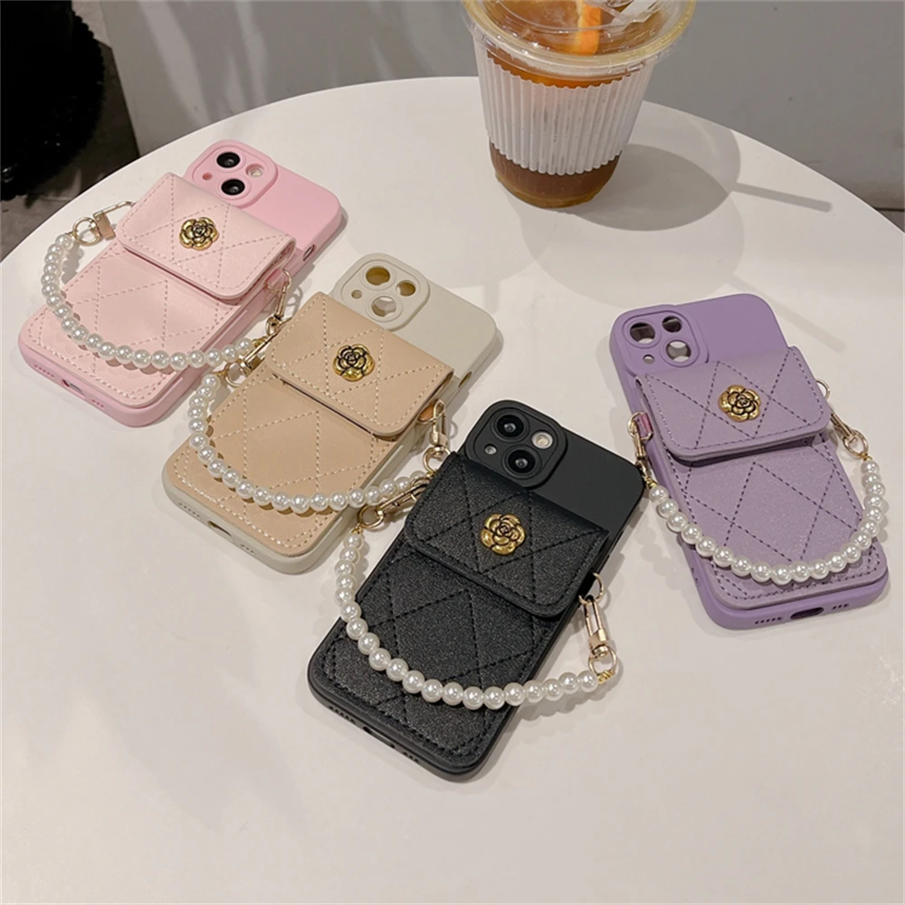 Korea 3D Kamelie Blume Karte Tasche Perle Kette Silikon Weiche Fall Für iPhone 16 15 14 Pro Max 13 12 11 X XR 8 Plus Stoßfest Abdeckung_voghion.com
