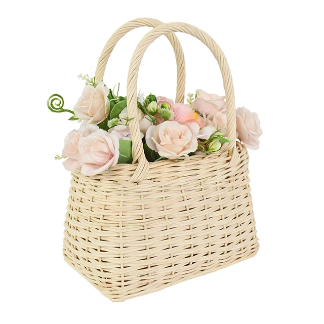 DULRLLY - Cesta de mimbre con diseño de flores de ratán, tejida a mano, con  asa, inserto de plástico, para boda, decoración de jardín y hogar