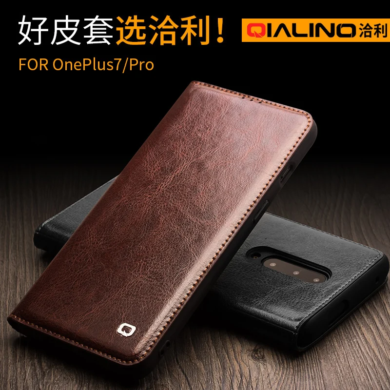 

For One Plus 7 QIALINO Brand Natural Calf Skin Cowhide Genuine Leather Case Vintage Business Flip Cover For Oneplus 7 Pro