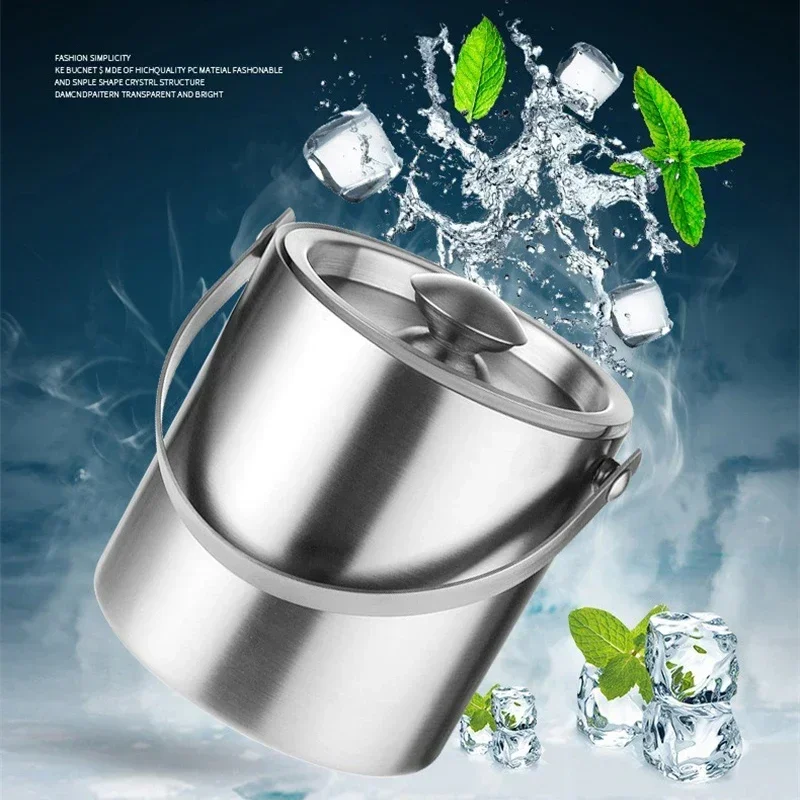 1.6L/2L/3L Stainless Steel Ice Bucket Portable Insulated Ice Bucket with Lid Bar Party Whiskey Beverage Beer Tub Tools Container