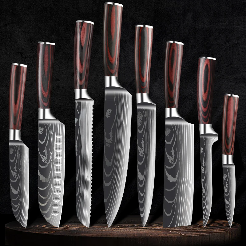 Chef Knife Set 7CR17MOV Stainless Steel Laser Damascus Pattern Japanese Kitchen Cleaver Utility Slicing Santoku Knife with Cover 