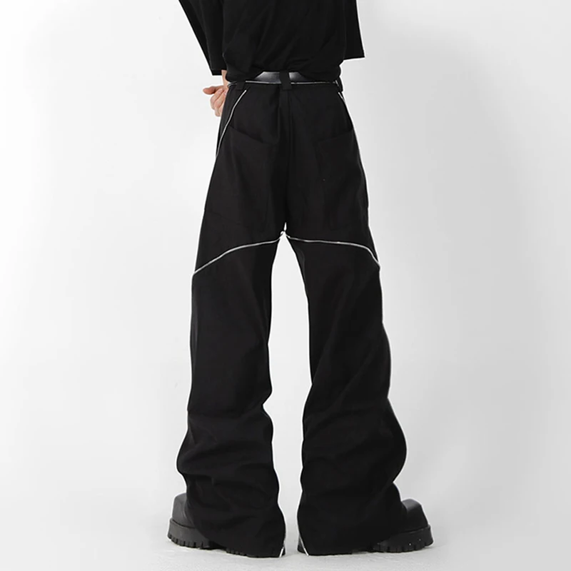 Niche Design Zipper Slit Men Trousers Straight Tube Casual Pants Wide Leg Darkwear Solid Color Male Fashion 9A5414
