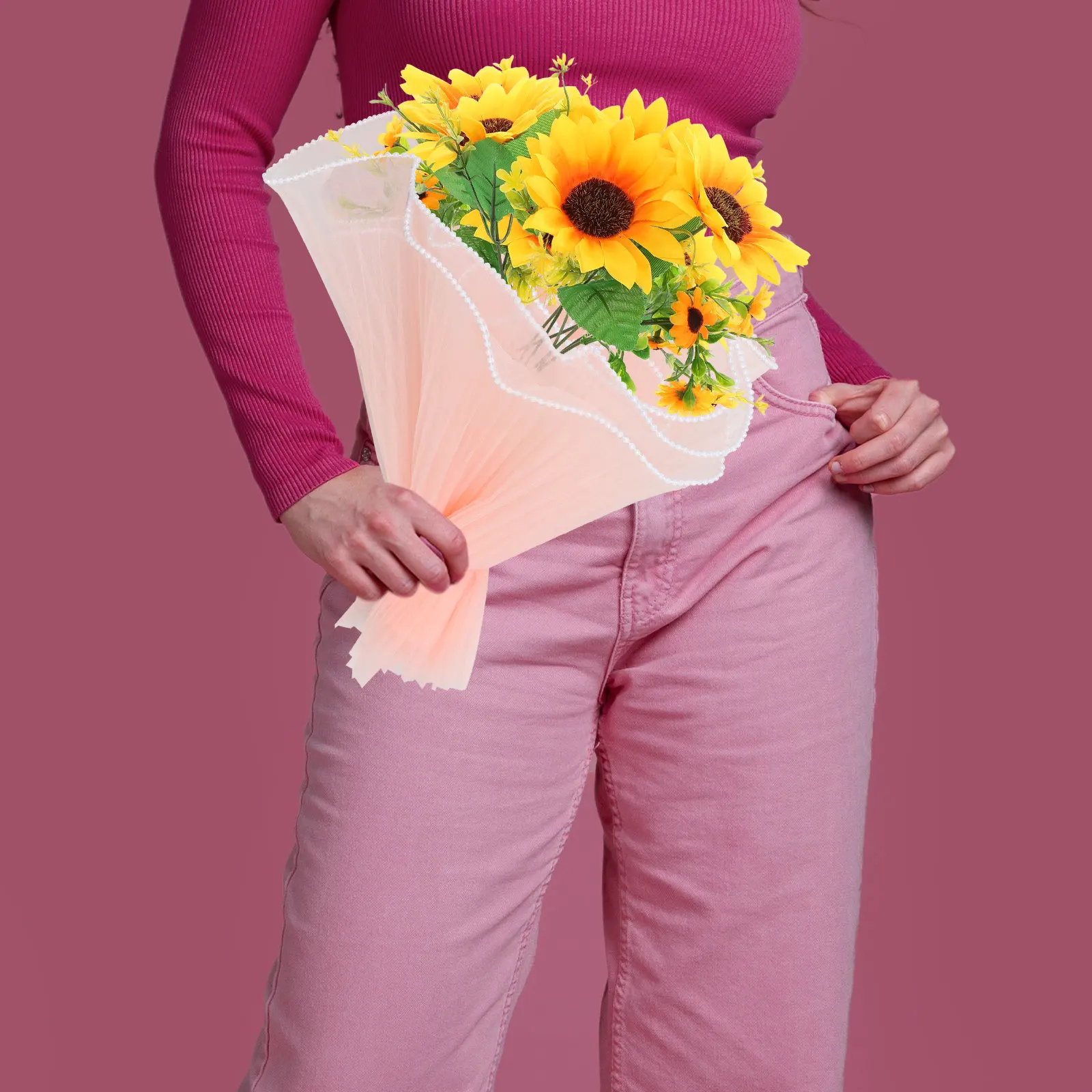 꽃 포장용 메쉬 종이, 우아한 주름진 웨이브 원사 디자인, 핑크색, 꽃다발 포장, 웨딩 파티 행사용