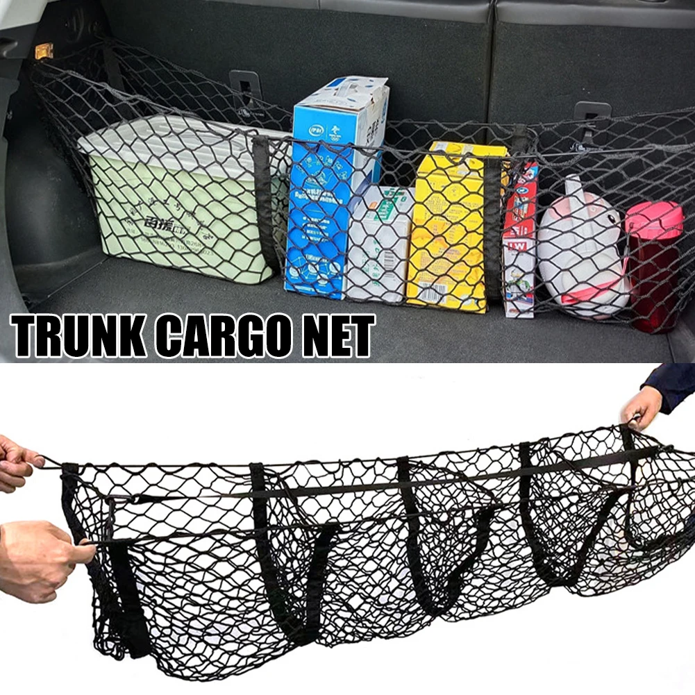 

3 or 4 Pockets Trunk Organizer Storage Net Heavy Duty Cargo Net for Car SUV Pickup Bed Black Mesh Four Metal Carabiners