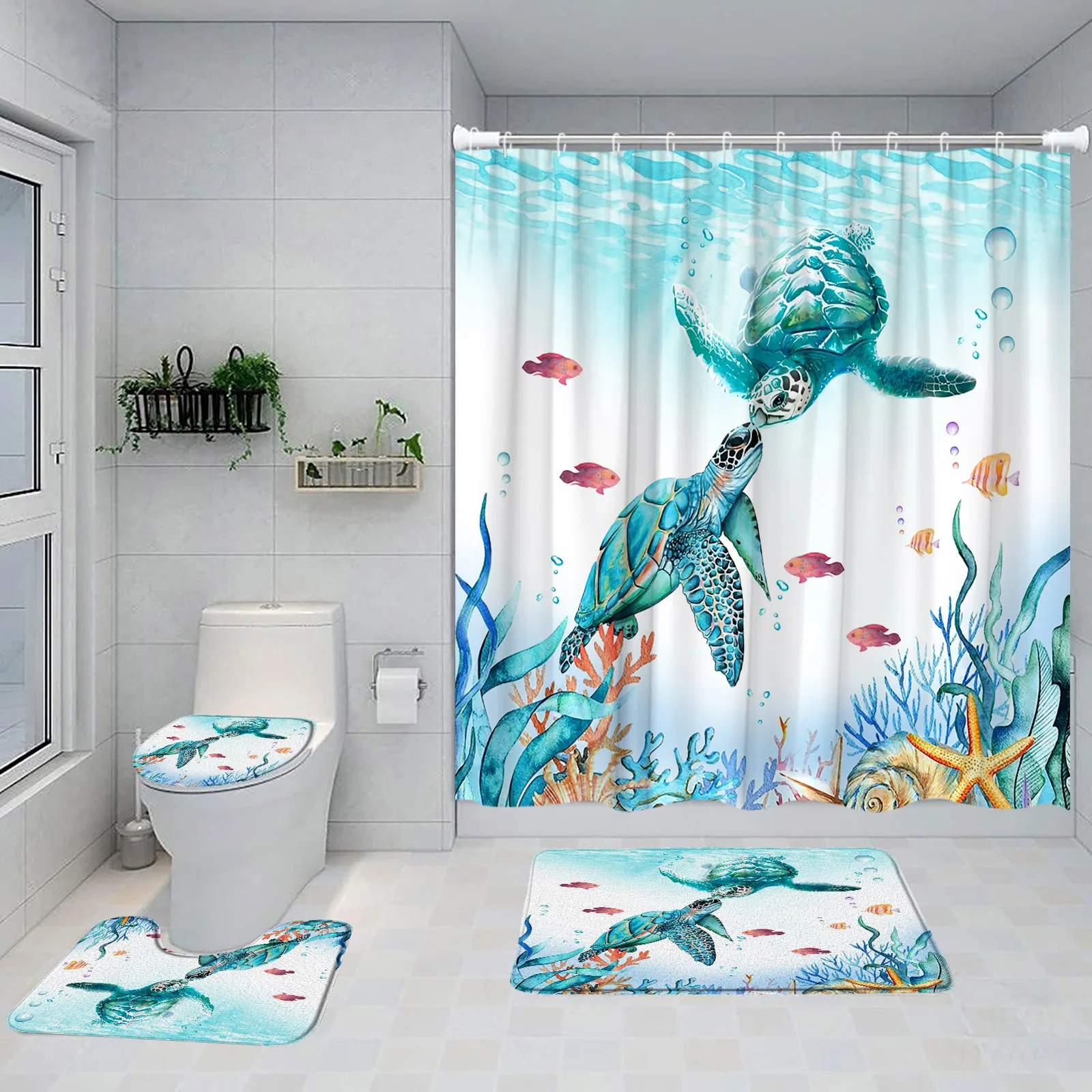 Sea Turtle Shower Curtain Set Starfish Conch Coral Seagrass Ocean Underwater Scenery Bathroom Decor Bath Mats Toilet Lid Cover