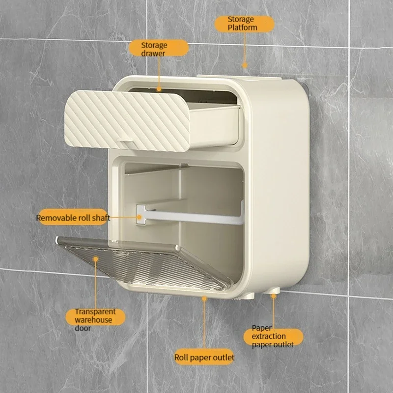 Toilet Paper Holder Multifunctional Double Layer Wall Mounted Punch-Free Waterproof Bathroom Tissue Storage Box with Drawer