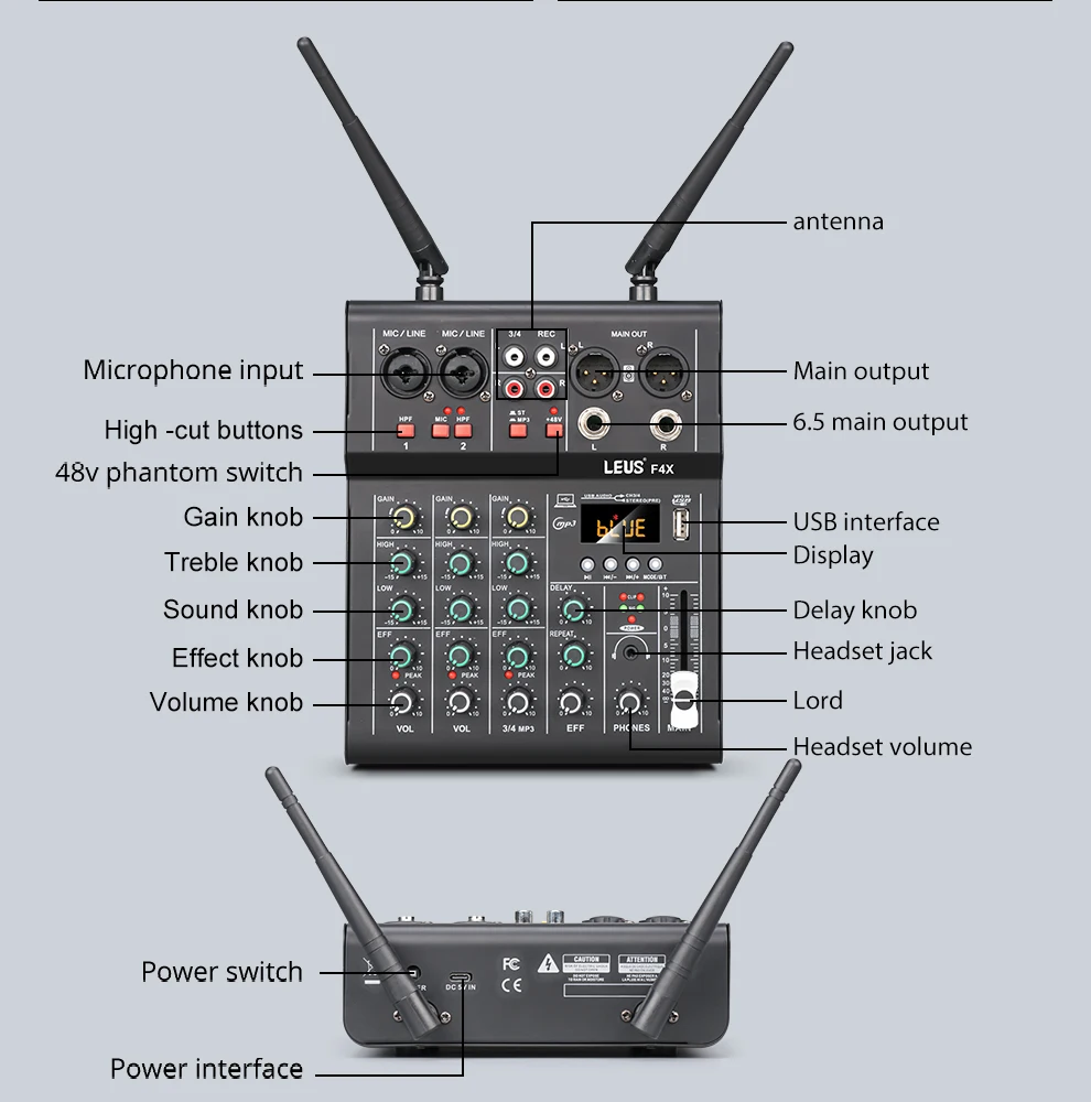 Audio Mixer LEUS F4X 4 Channel With Dual UHF Wireless Microphone DJ Console For karaoke Party PC Studio Recording