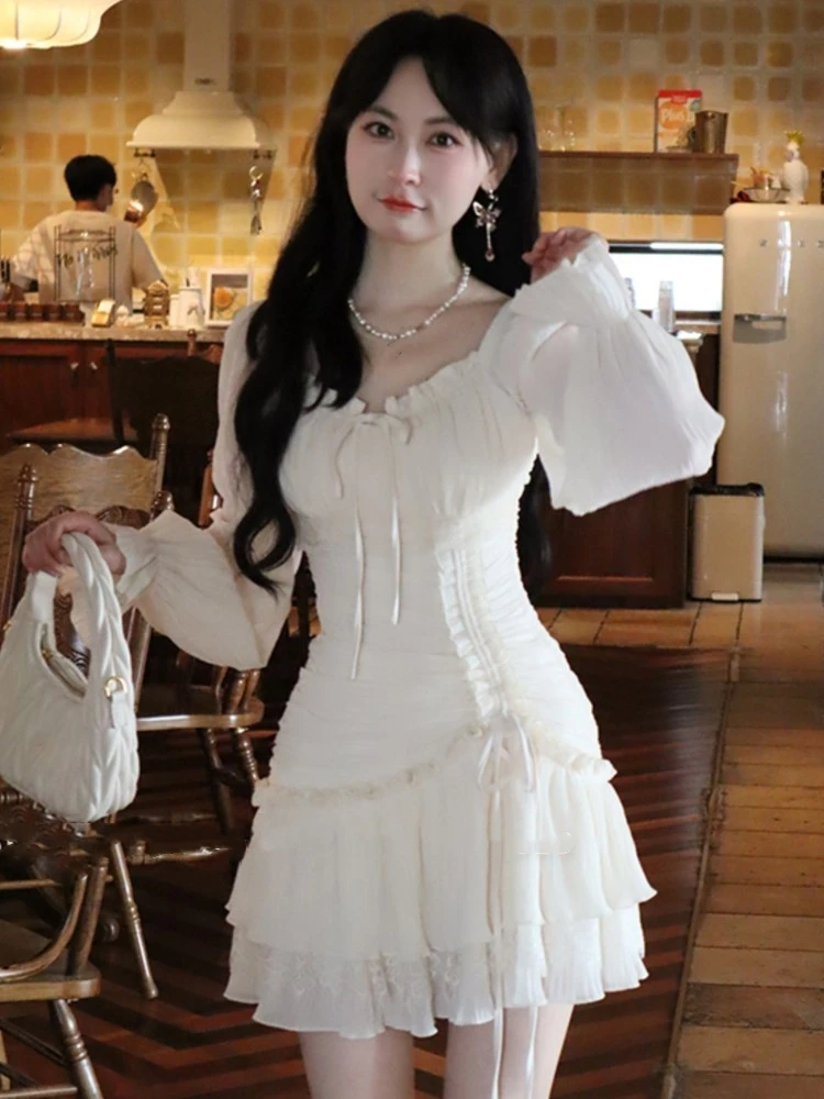 

Sweet Mini Dress Women Long Sleeve Square Collar Ruffles Chiffon Dresses Birthday Party Slim Fashion Clothing Spring Autumn New