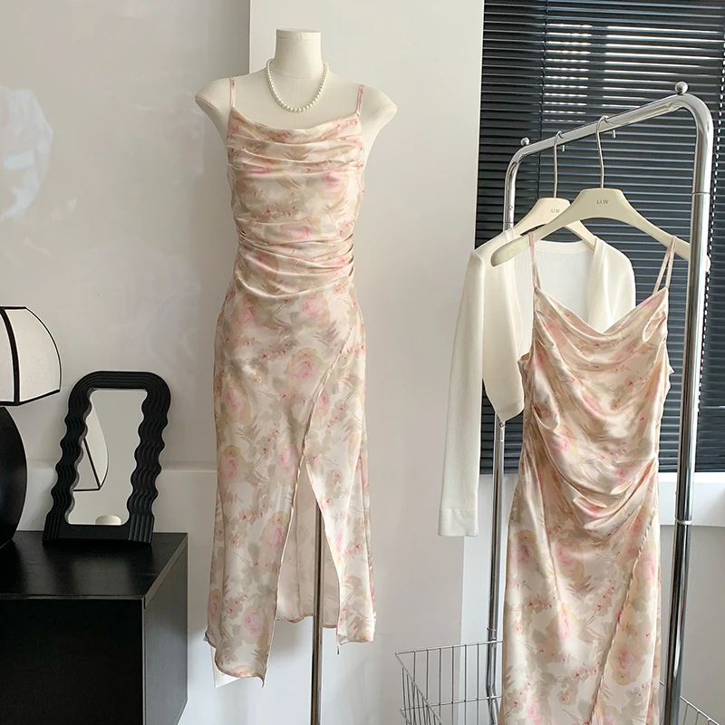 

2023 Summer Women Vintage Floral Print Slash Neck Backless Midi Dress Elegant Sleeveless High Waist Camisole Suspender Dresses