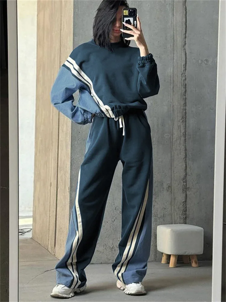 Ladies 2 Piece-Set Drawstring Trousers Contrast Lace-Up Autumn Pullover And High Waist Women Pants Outfits Tracksuit