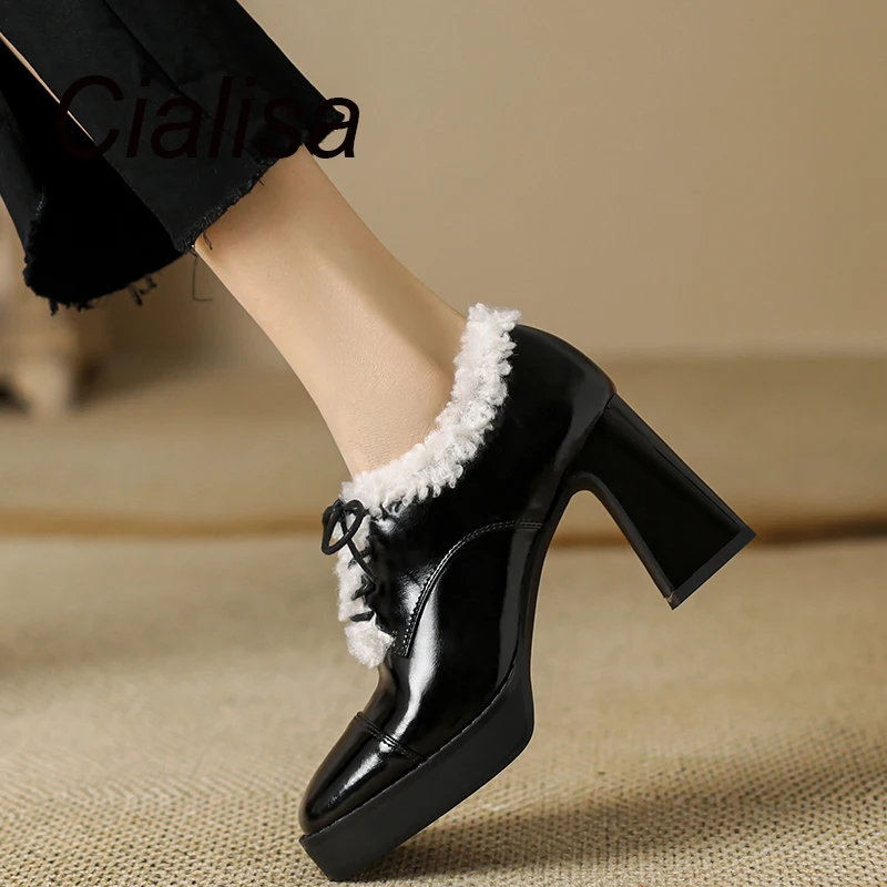 

Cialisa New Pumps 2023 Autumn Winter Shoes For Women Square Toe Elegant Handmade Genuine Leather High Heels Lady Footwear Black