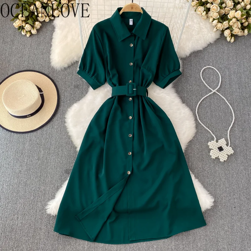 OCEANLOVE Single Breasted Shirt Dress Short Sleeve Solid A