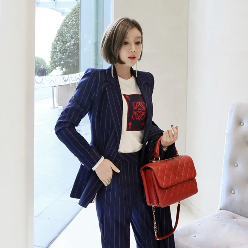 

Elegant Woman Striped Pant Suits Office Ladies fashion Slim Women Blazer Suit Set Female Workwear Trouser Suit 2021