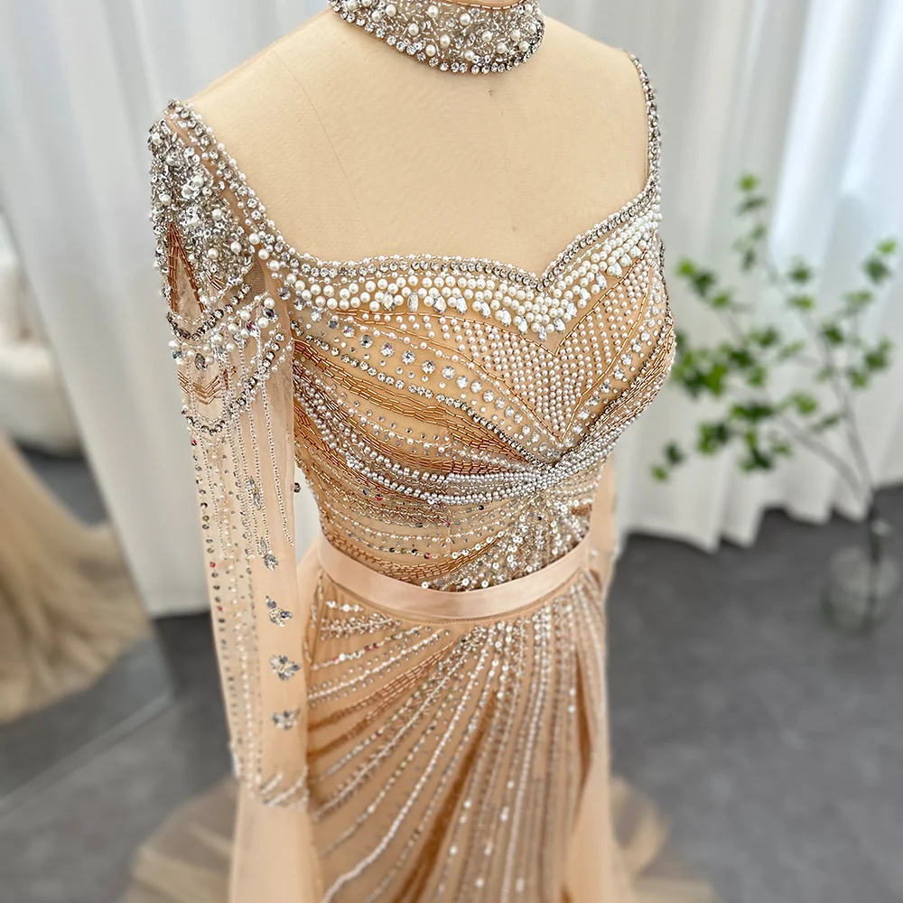 S8b84157526b441d3a819cf9ab77279bfD Luxury Champagne Mermaid With Detachable Overskirt Dubai Evening Dress Arabic Women Wedding Party Formal Gowns Mallzona