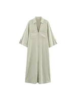 2025 Women Summer Shirts Dress Vintage Solid Linen V-Neck 3/4 Sleeve Loose Female Elegant Street MIDI Dresses Clothing - Image 3