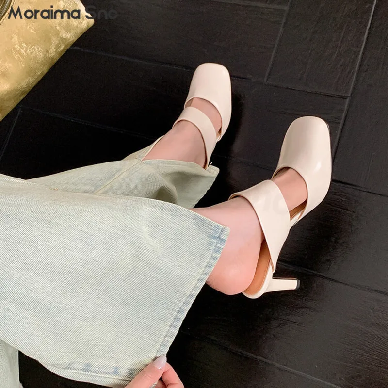 

Back Empty Toe Fashion Slippers Summer Full Leather Round Toe Stiletto Heel Strap Sandals Casual New Simple Women's Shoes