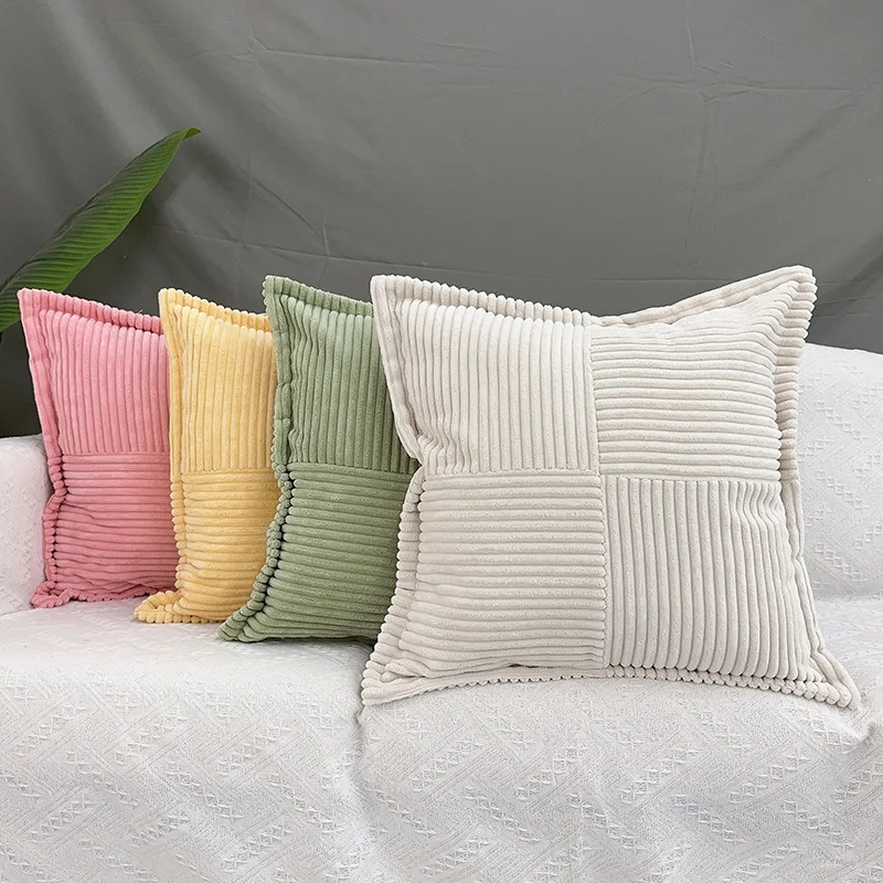 

Cushion Cover Striped Cross Stitching Wide Border Corduroy Pillow Cover Sofa Square Cushion Case for Living Room Chair Sofa