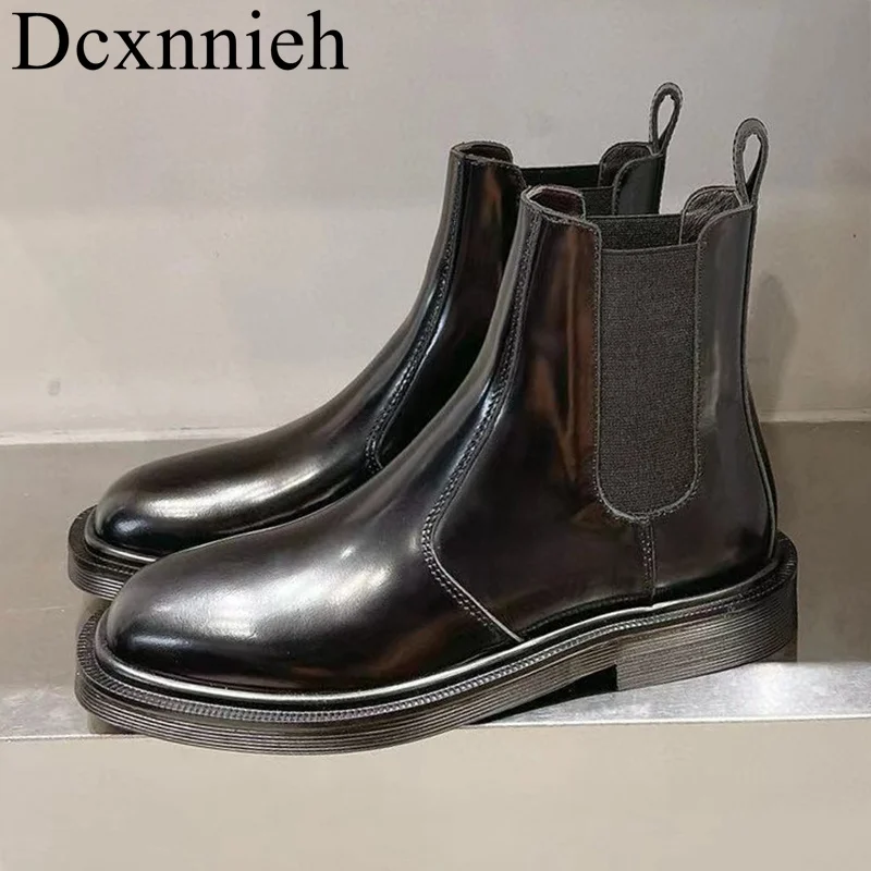 

Round Toe Genuine Leather Ankle Botas Women's Elastic Band Splicing Short Boots Winter Thick Heel Chelsea Boots Riding Boots