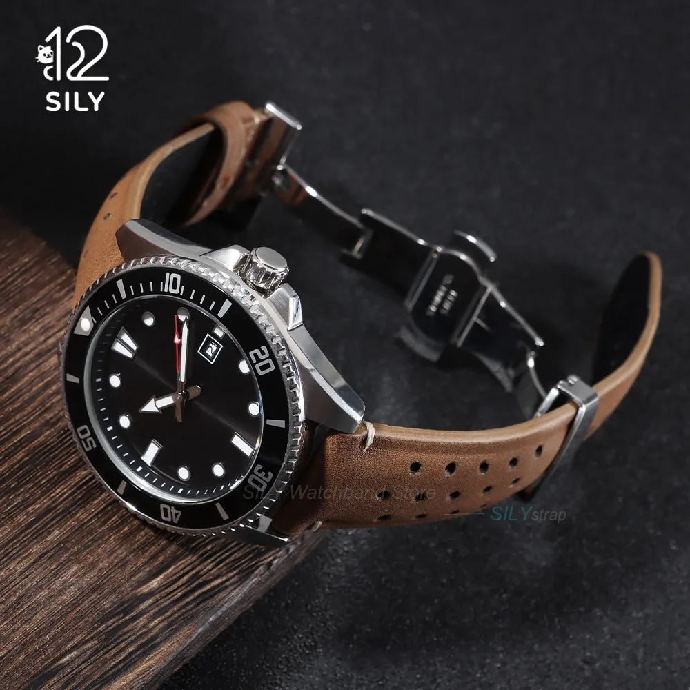Vintage Brown Leather Strap with Butterfly Buckle - Breathable Business Watch Band Bracelet in Matte Finish
