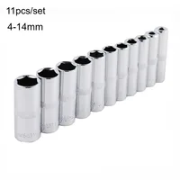 Jeu de douilles chromées longues métriques de qualité professionnelle, 11 pièces, 4 Mm à 14 Mm, entraînement de 1/4 pouces, douille profonde à 6 points 1