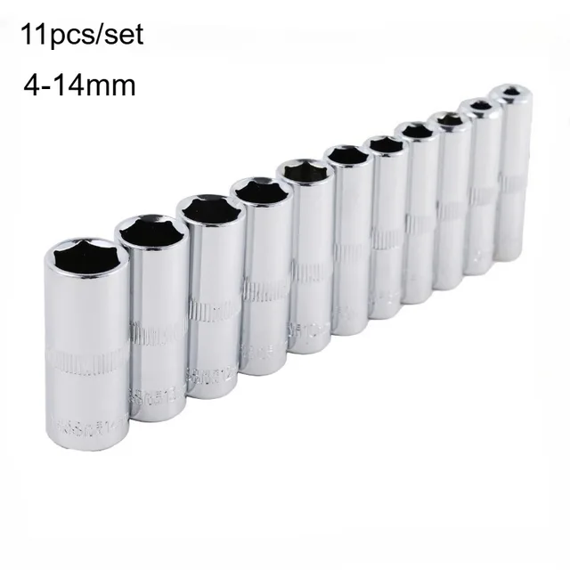Jeu de douilles chromées longues métriques de qualité professionnelle, 11 pièces, 4 Mm à 14 Mm, entraînement de 1/4 pouces, douille profonde à 6 points 1