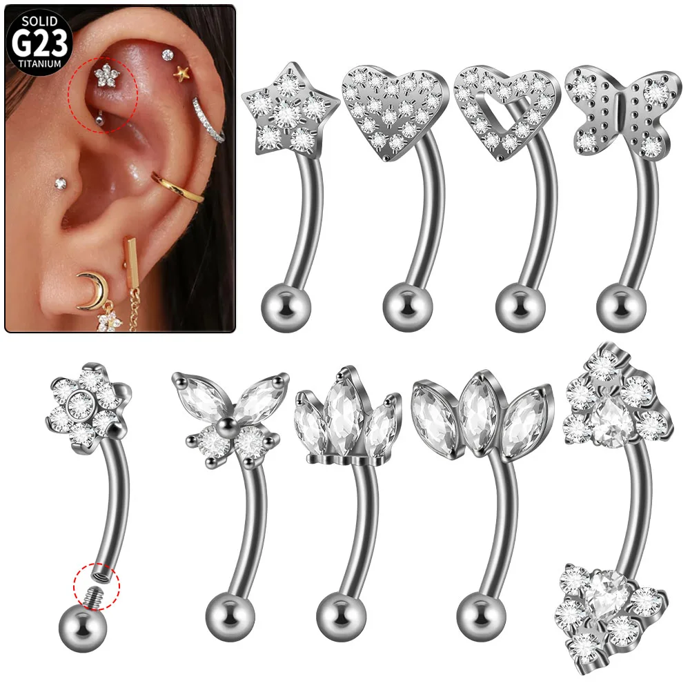 1PCG23TitaniumCrystalFlowerHeartRookPiercingSparkleZirconRookPiercingJewelry