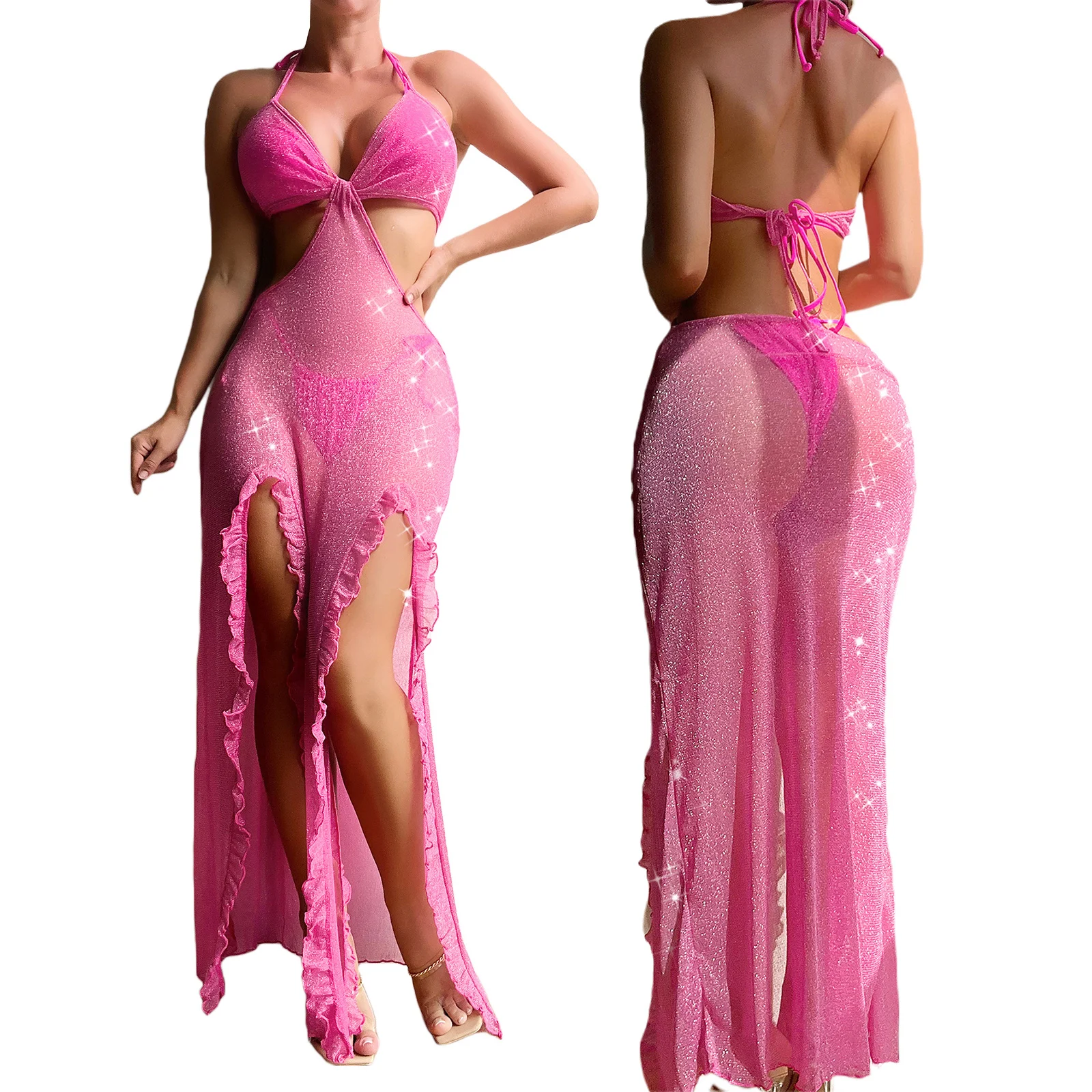 

Women Sexy Mesh Bikini Cover Up Dress Asymmetrical Hanging Neck Irregular Ruffle Hem High Slit Dress Beach Party Club Dress