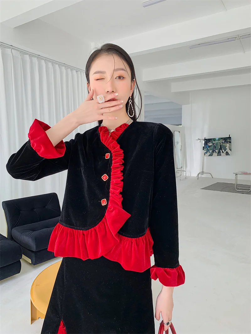 

UNXX Retro Black Velvet Suit Skirt Suit 2021 New Spring and Autumn Women Clothing Office Lady Female Girl Two-piece Set Hot Sale