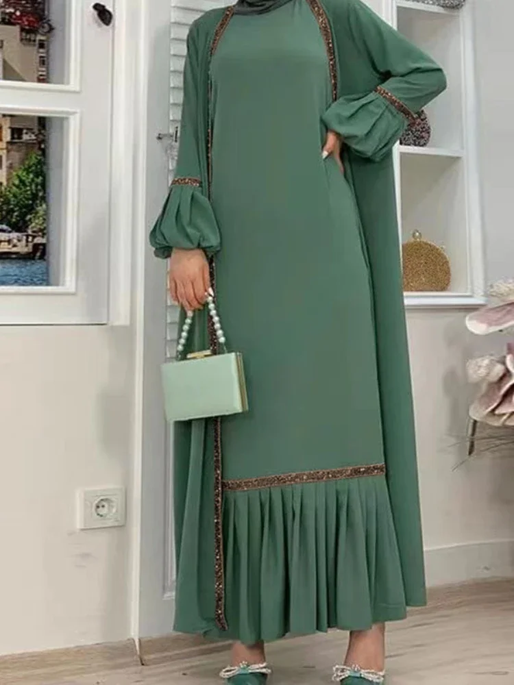Eid 무슬림 아바야 여성 드레스 2 피스 세트, 기도 모로코 카프탄 프릴 아바야스 가운, 두바이 아랍어 기모노 가디건 가운, 겉옷