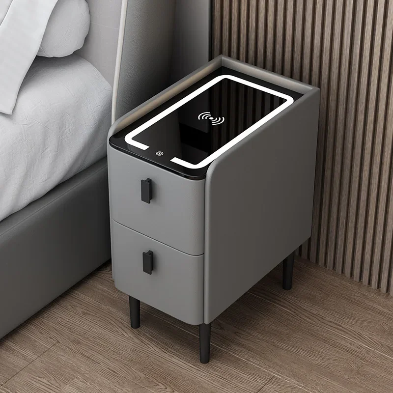 Mesita de noche de madera de estilo moderno, mesitas de noche inteligentes para dormitorio con carga inalámbrica, gabinete de almacenamiento Bluetooth con 2 cajones
