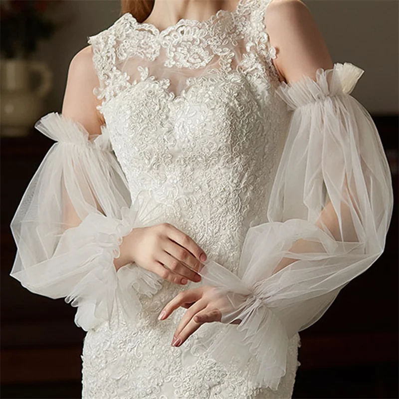Removable Bridal Sheer Tulle Gloves DIY Long Wedding Gloves for Bride Ivory Pearls Decoration Fingerless
