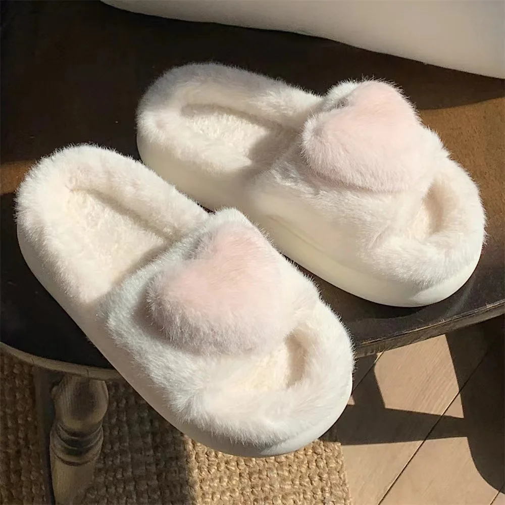

SENDNAKAI Heart Love Fluffy Fur Slippers Women Warm Open Toe Plush Memory Foam Slide Slippers Home 2023 Winter Indoor Shoes