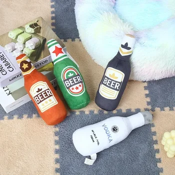 Funny Plush Dog Toys Beer Bottle Shaped Small Large Dogs Squeak Sound Clean Teeth Chew Toy Pets Interactive Playing Supplies