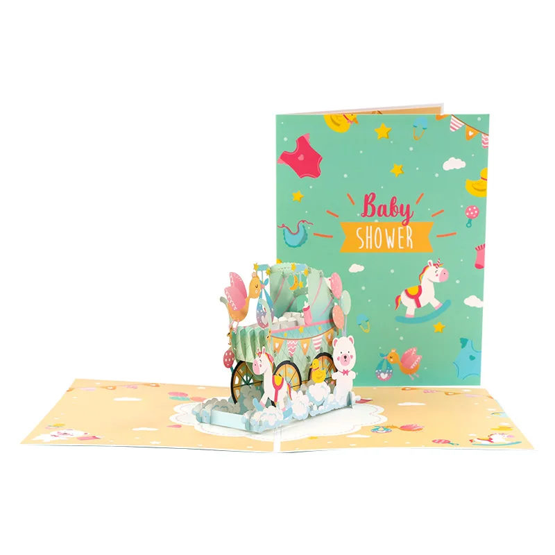 3D Pop Up Baby Shower Greeting Cards Birthday Thanks Card Cartoon Postcard Handmade Holidy Wishes Gifts To Baby Or Friend