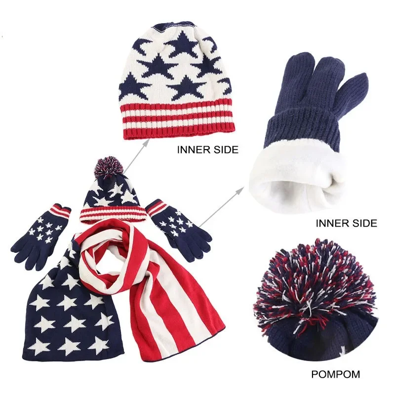 1 Set Boys Girls hat scarf glove Winter Hat Men Women's Knitted Hat Set Flag Star Printed Christmas gift Gloves Scarf + set