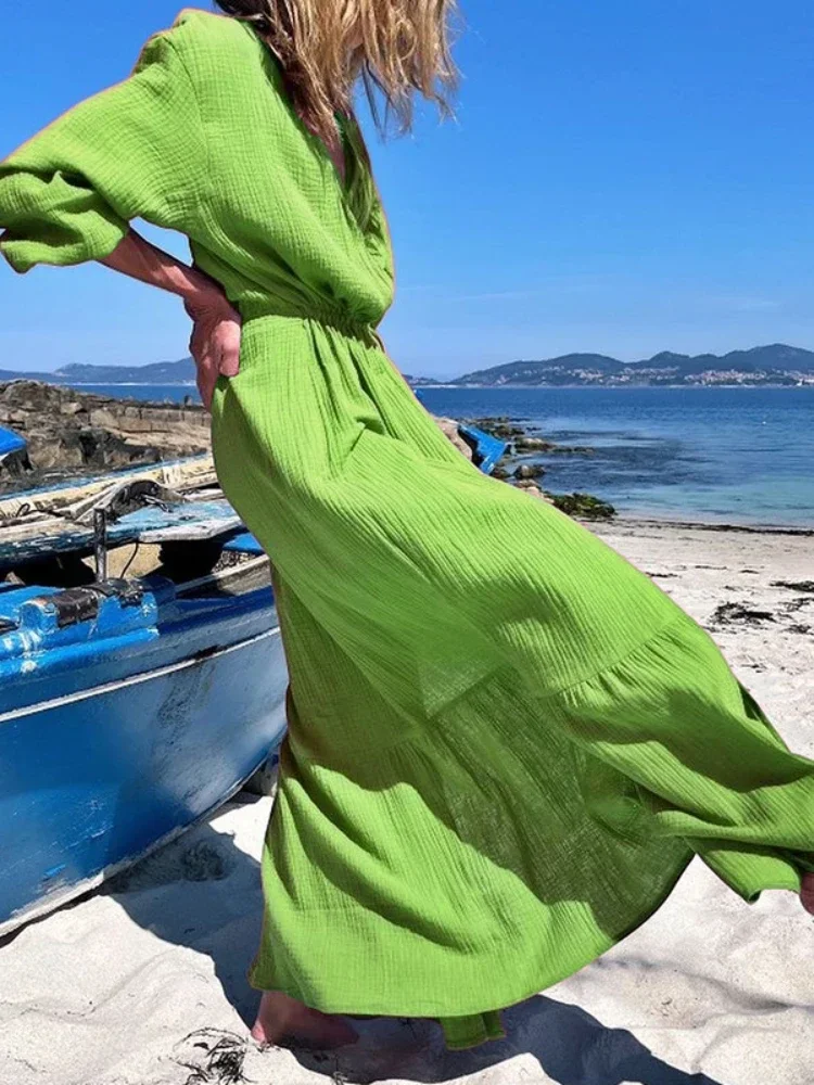 

Women Clothing Dresses New V-neck Solid Color Versatile Street Casual Loose Long Sleeved Loose Beach Vacation Long Summer Dress
