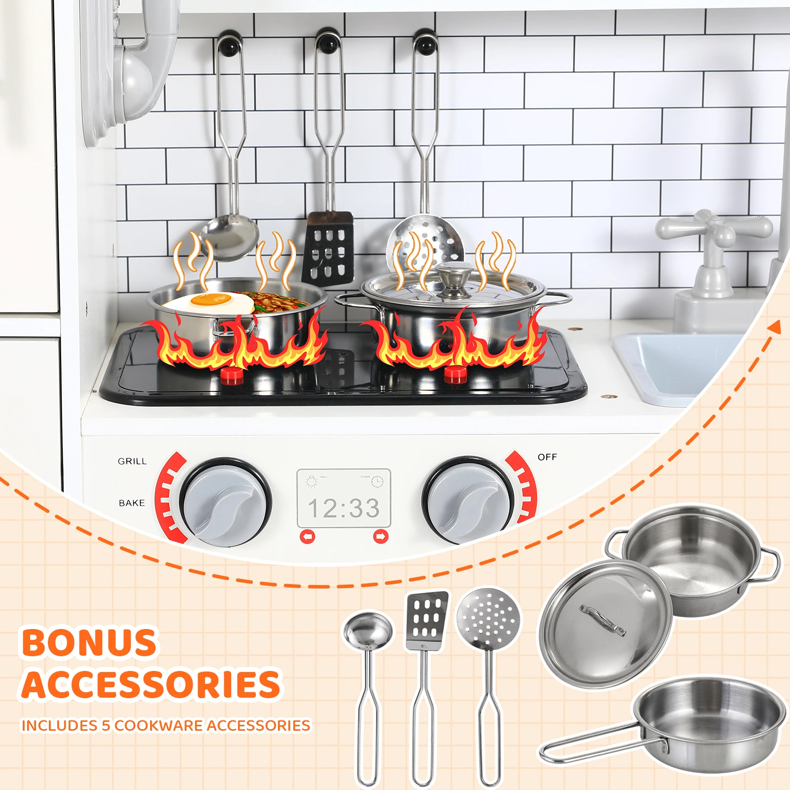 Wooden Kitchen Kids Pretend Play Kitchen Set Cooking Toys with Simulated Light and Sound Effects, Food,Cookware for Children - Image 2