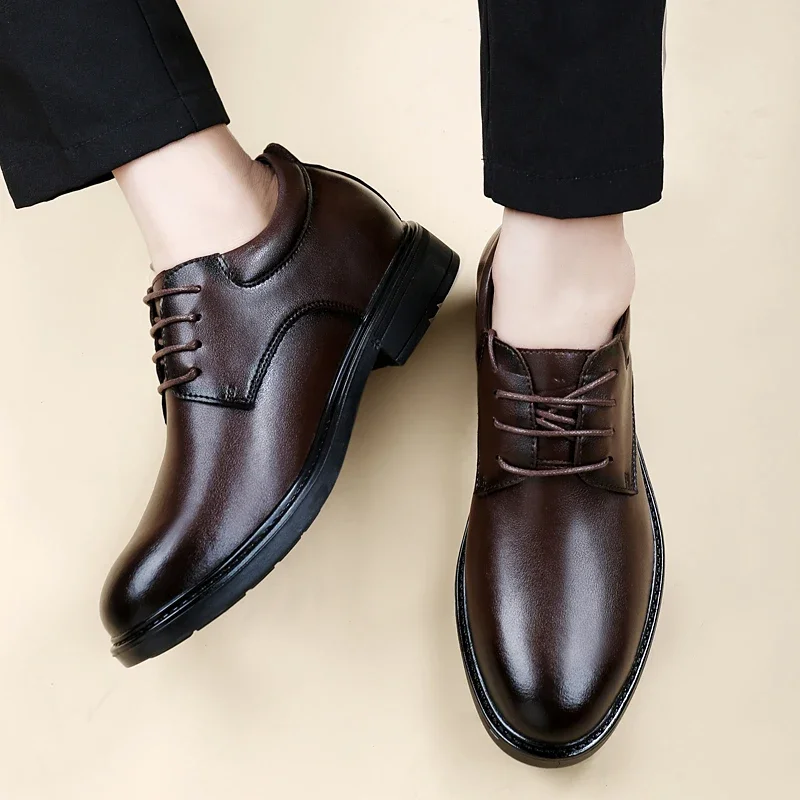 Office business formal shoes men's inner height increase 6/8cm shoes thick sole simple black men's genuine leather casual