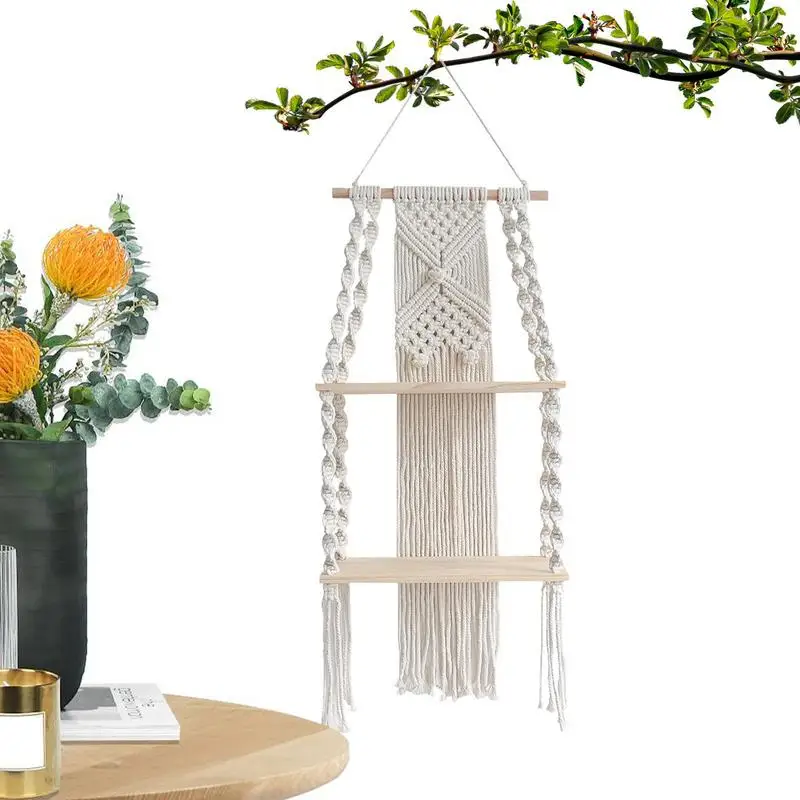 

Macrame Wall Hanging Shelf Boho Home Decor Handmade Tassel Macrame Tapestry Wall Hanging Shelf Wood Floating For Plants Vases