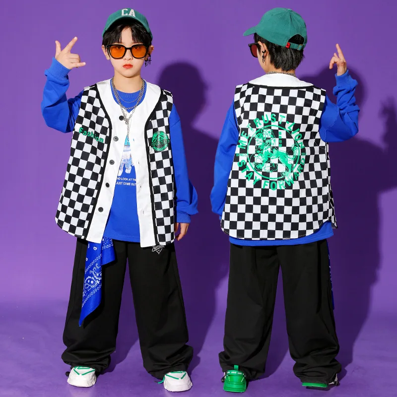 

Boys Spring Sport Clothing Plaid Vest Top Solid Color Sweatshirt Black Pants Girls Dance Costume Teenager Street Wear 3-16 Years