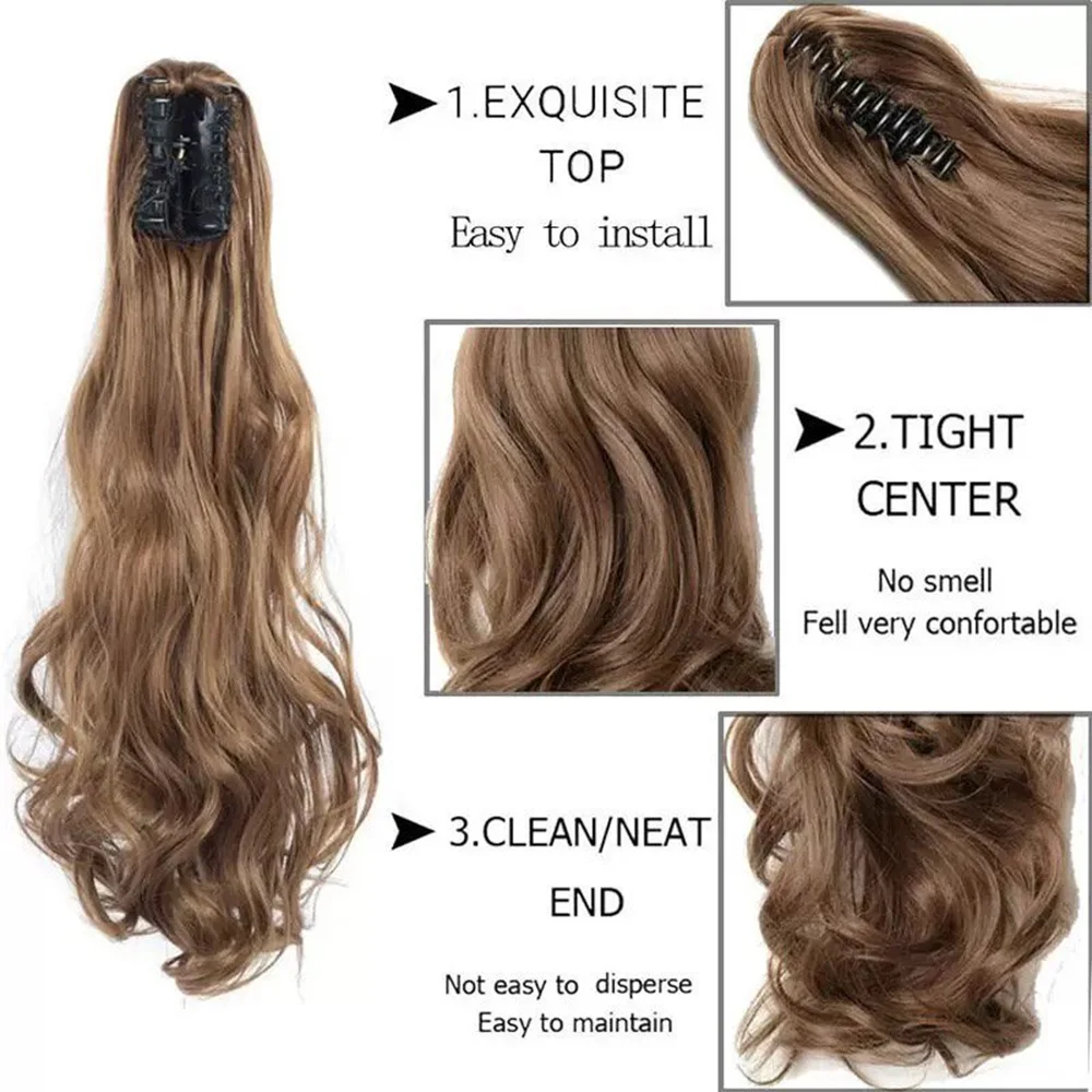20 Inch Synthetic Long Wavy Ponytail Clip in Claw Jaw Curly Hairpieces Pony Tail Hair Extensions Wavy Natural Looking For Women