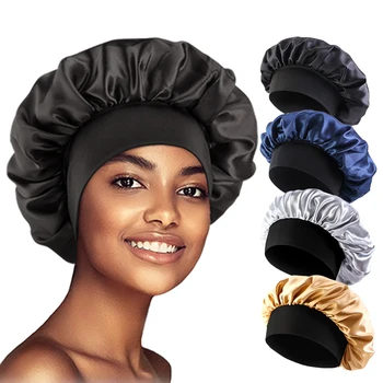 Gorro feminino de cetim sólido, aba larga, noite, dormir, banho, unissex, envoltório de cabeça, elástico, cuidados com os cabelos 1