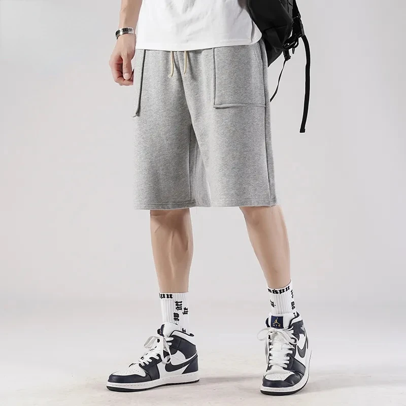 Summer Solid Color Casual Men's Shorts Elastic Waist Straight Knee Length Pants