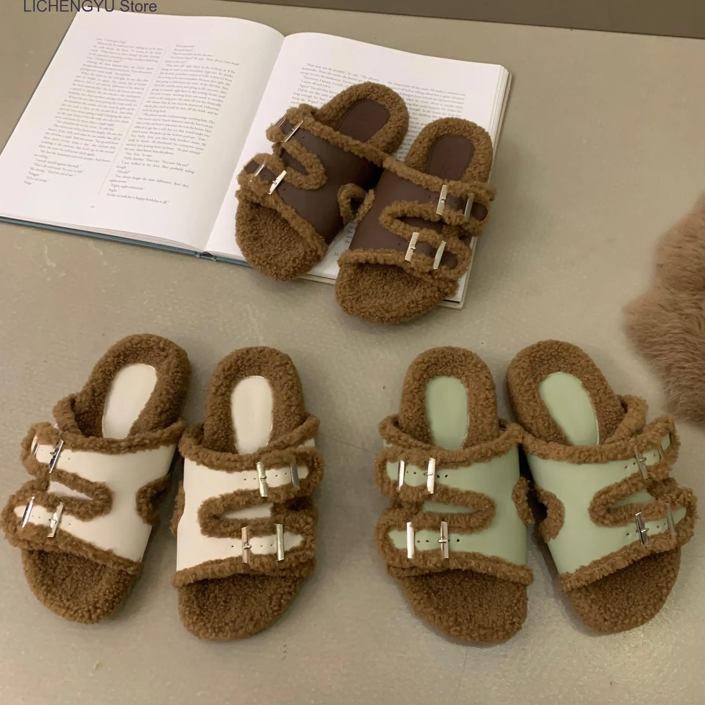 New Winter Women Plush Slipper Casual Fashion Metal Buckle Artificial Fur Outside Slip on Soft Slides Shoe