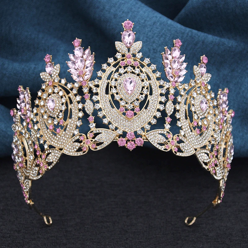 Pink Bridal Crown Vintage Baroque Rhinestone Tiaras Headdress Pageant Miss Party Wedding Crown Jewelry Hair Accessories