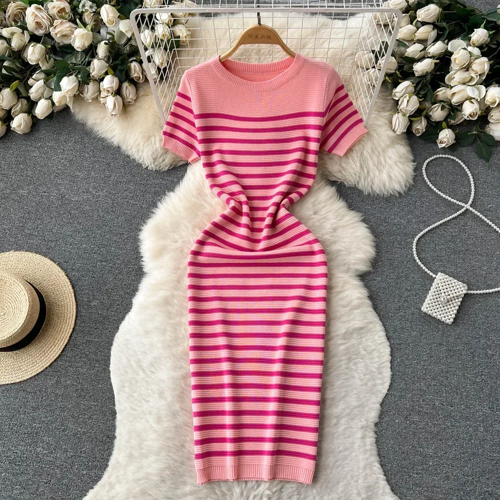 Summer Striped Beach Knitted Dress O Neck Short Sleeves Chic Hotsweet Slim Sundress Streetwear Y2K Bodycon Midi Dress 5