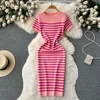 Summer Striped Beach Knitted Dress O Neck Short Sleeves Chic Hotsweet Slim Sundress Streetwear Y2K Bodycon Midi Dress 5