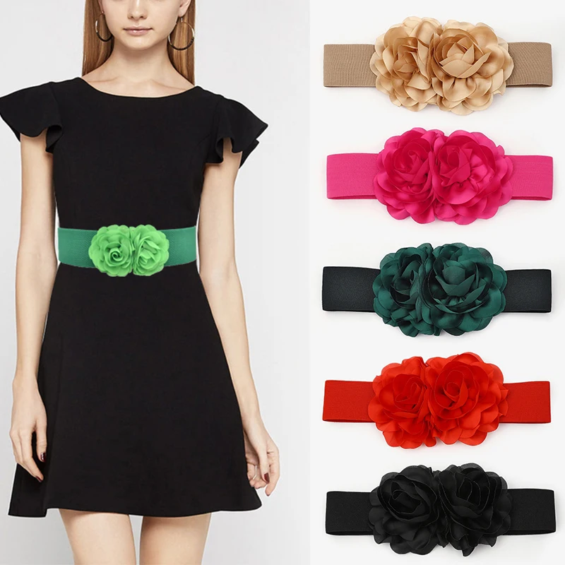

Big Chiffon Two-flowers Decor Waistband Wide Waist Belt Solid Color Elastic Cummerbunds Metal Button Women Sash Dress Decorative