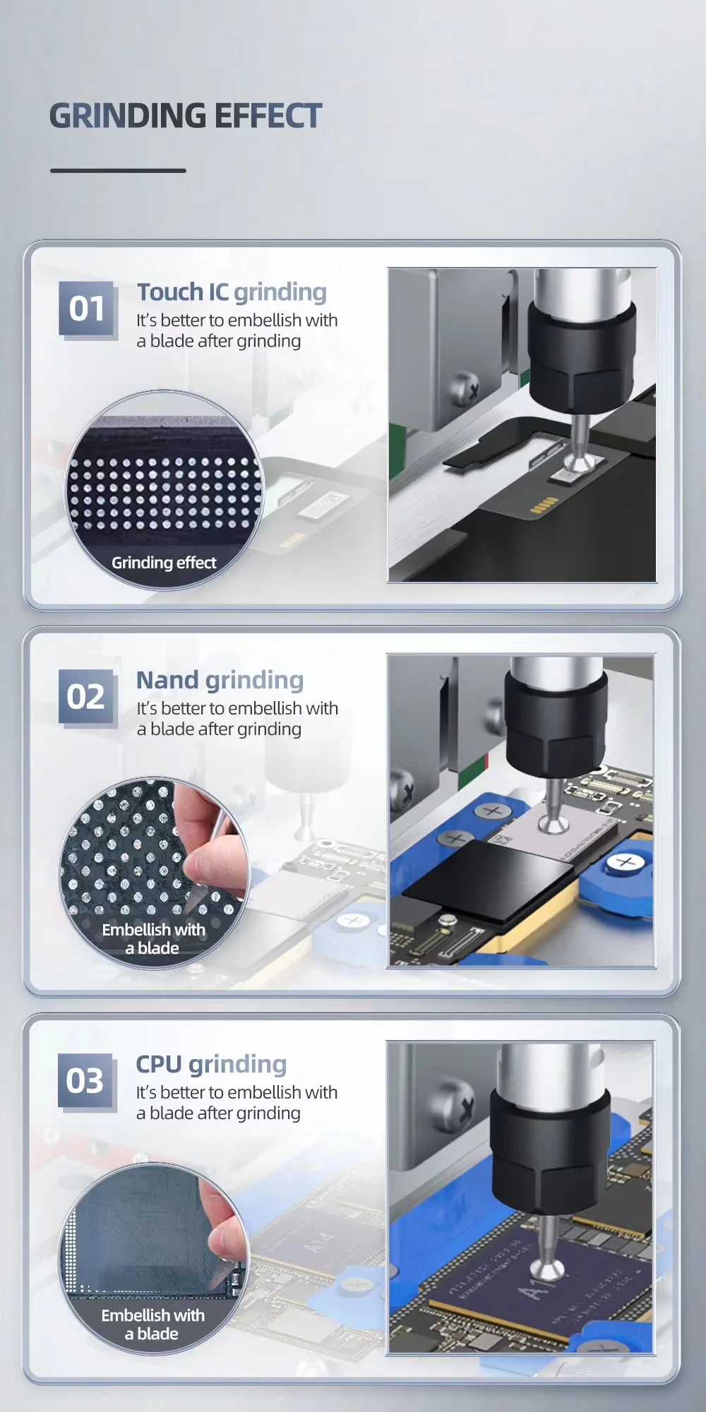 JC AIXUN Smart IC Chip Grinding Machine Mobile Phone Screen Hard Disk CPU Touch IC Mainboard Grinding Polishing Grinder Tool Set